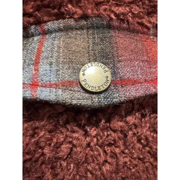 Pendleton Sherpa Teddy Fleece Jacket Womens M Burgundy Plaid Trim Full Zip Lined - Picture 8 of 10